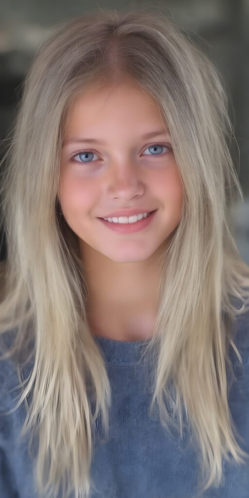 a (((beautiful young girl, radiates a happiness, warm smile with white teeth))), age 15, with flowing, (((soft long blonde hair))), gentle and inviting (((dark blue eyes))), that convey a sense of innocence and wonder, paired with delicate, ((almond skin)), which gives off a faintly pink glow, accompanied by full, softly rosy lips, that emit a warm, friendly smile. She is dressed in a sleek, ((blue sweater made of fine wool)), along with a matching set of (((blue and white shorts)), and looks directly at the viewer in a (full body shot), exuding just the right amount of youthful charm