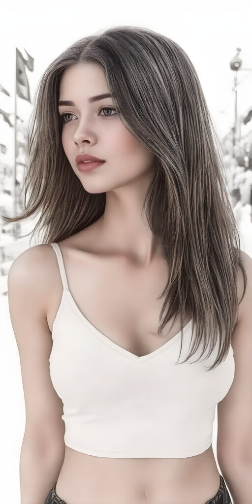 a (((beautiful young well busty girl, perfect curved body))), with flowing, (((soft long straight brown hair))). She is dressed in a sleek, (white cropped short tank top, deep v-neck), photograph, stands in the street, side view