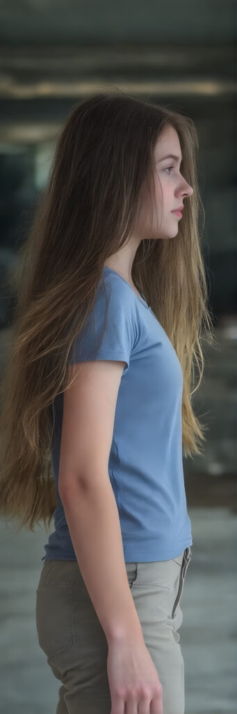 a (((beautiful young girl, perfect body, 15 years old))), with flowing, (((soft long straight brown hair))). (She is dressed in a sleek, ((blue short t-shirt)), long cargo pants), exuding just the right amount of youthful charm, photograph, full body side view