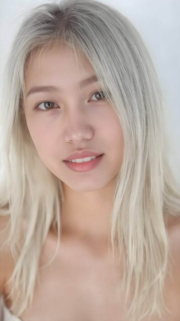 a (((beautiful Asian teen girl))), age 15, with (((straight, long, white hair))), (((lightly tanned skin))), and (((perfectly proportioned, athletic body))) that exudes (((realism at its finest))). Her (((perfect anatomy))) is highlighted by (((white teeth, flawlessly straight and smooth as glass, sparkling eyes that reflect her youthful innocence and vitality. She's captured in a (((side perspective))), looking straight into the camera for a full-body shot, with (((perfectly proportioned limbs and fingers))), which exude (((realism at its finest))) in a (((natural, white light setting))) where her (((curved, toned thighs))) and (((full, defined lips))) are perfectly visible. Her (((skin is slightly damp))), clad in a (((very short, tight (white crop tank top)), which emphasizes her (((perfectly proportioned, athletic physique))) and (((perfectly straight, white teeth))) and (natural, slightly damp skin) against a (((white background).