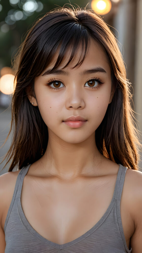 a ((beautiful)) (elegant) (attractive) (stunning) a beautifully realistic, cinematic lights, (((Burma teen girl))) 15 years old, bangs cut, realistic detailed angelic face, (((realistic detailed brown eye))) looks sadly at the camera, portrait shot, perfect curved, wears a super short tight (grey tank top, deep v-neck), super short jeans pants, perfect anatomy, side perspective, ((no background))