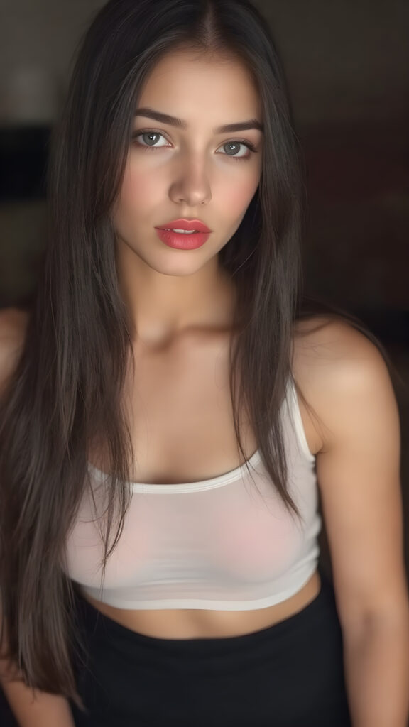 a (((beautiful exotic teen girl))), with long, straight, soft black hair framing her face, which is round and features (full, defined lips) that are painted in (deep red lipstick). She's dressed in a (very thin, short white crop tank top) that looks (perfectly fitted) against her body. The tank top shows off her ((perfect legs)), which are slender and sculpted like a model, paired with (seductively posed feet). She exudes an air of confidence and expertise