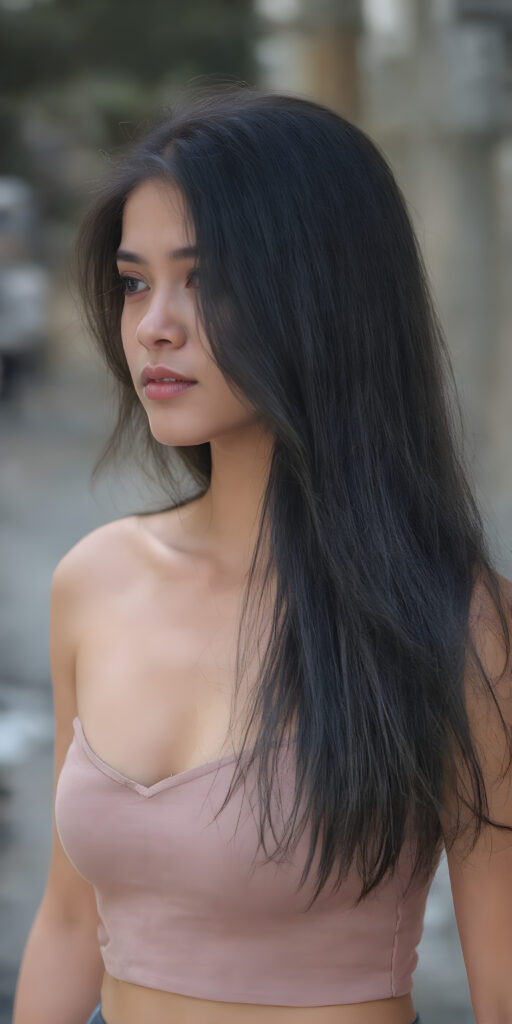 a (((beautiful young girl, perfect curved body))), with flowing, (((soft long straight obsidian black hair))). She is dressed in a sleek, (cropped short tank top, deep v-neck), photograph, stands in the street, side view