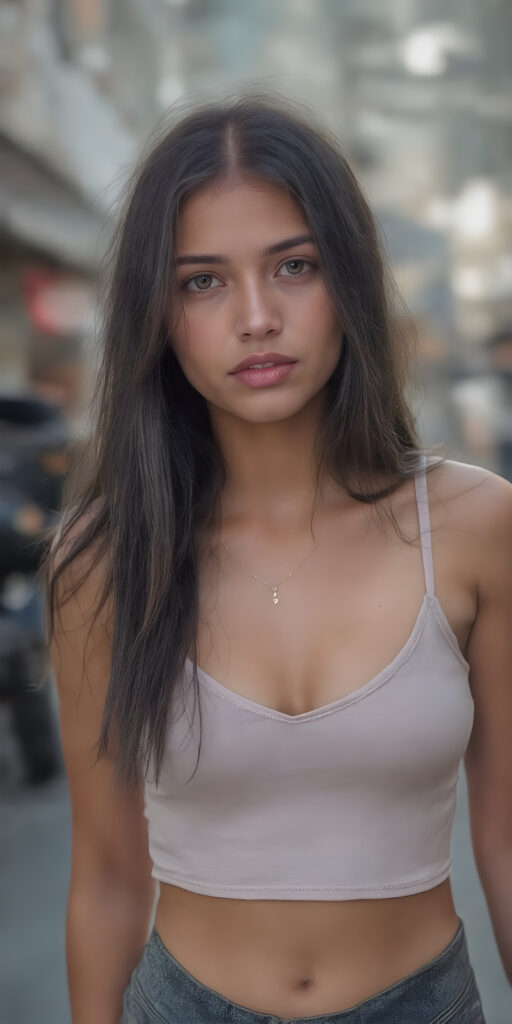 a (((beautiful young well busty teenage girl, perfect curved body))), with flowing, (((soft long straight black hair))). She is dressed in a sleek, (cropped tank top, deep v-neck), photograph, stands in the street