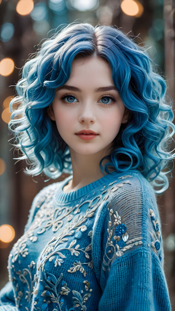 a (((beautiful young teen girl))), with pale skin and (((shiny blue flecks))), along with luxuriously wavy, (((blue hair curls))), wearing a super fine, (((wool sweater))), reminiscent of the iconic Filigree style, set against a (((softly detailed, fantastical environment))) that exudes a (((whimsically magical aura))), with intricate details that evoke a (((sparkling, shimmering wonder)))