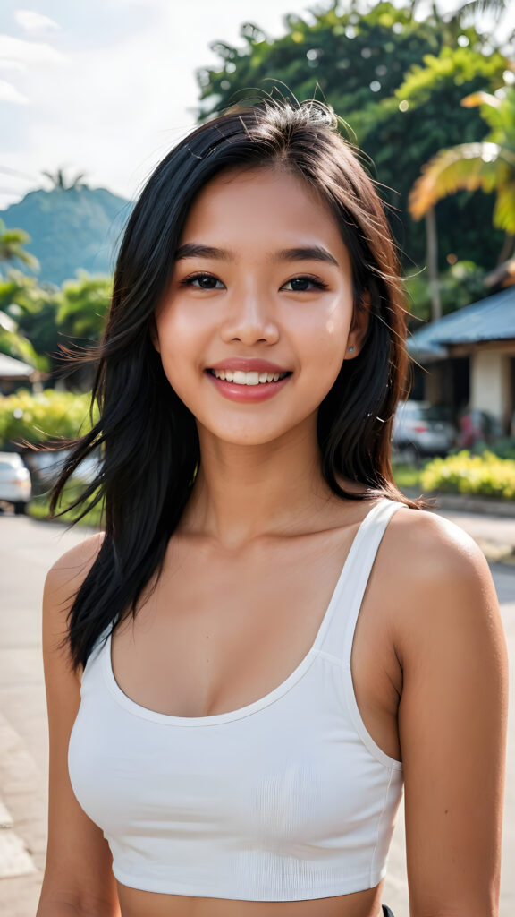 a beautiful (((Indonesian teen girl, 13 years old))), with long, jet soft (((black hair))), styled in a sleek, shiny, straight haircut with sharp, defined (((full lips))), emitting an ethereal glow that complements her otherwise natural features, dressed in a (((white plain short cropped tank top))), you can see her navel, she radiates pure joy, smile, perfect white teeth, against a sunny backdrop