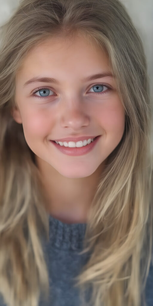 a (((beautiful young girl, radiates a happiness, warm smile with white teeth))), age 15, with flowing, (((soft long blonde hair))), gentle and inviting (((dark blue eyes))), that convey a sense of innocence and wonder, paired with delicate, ((almond skin)), which gives off a faintly pink glow, accompanied by full, softly rosy lips, that emit a warm, friendly smile. She is dressed in a sleek, ((blue sweater made of fine wool)), along with a matching set of (((blue and white shorts)), and looks directly at the viewer in a (full body shot), exuding just the right amount of youthful charm