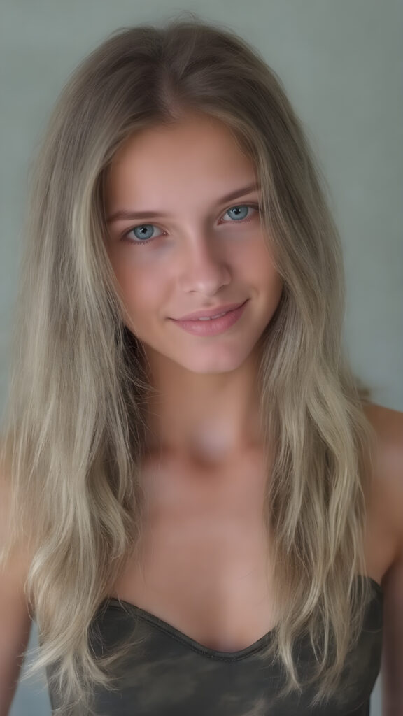 a (((beautiful busty teen girl with long dark blonde wavy hair, with captivating bright (green eyes) that exude warm and vitality, dressed in a ((camouflage leotard)), adorned with delicate (((sequins))), round face, full lips, smile with withe teeth, perfect face