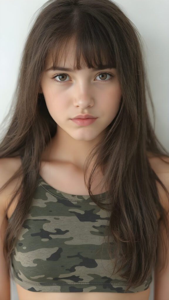 a (((beautiful teen girl, 15 years old))) with a sleek, (((upper body))), straight soft black hair, intricate details like perfect curves and contours popping against an (((empty backdrop))), exuding an (((intoxicating aura))) that draws the eye, capturing essence of both (((cuteness))) and (((staggering beauty))) with long hair and a (((camouflage-colored super short crop top))) that blends into a (((hyper realistic)))