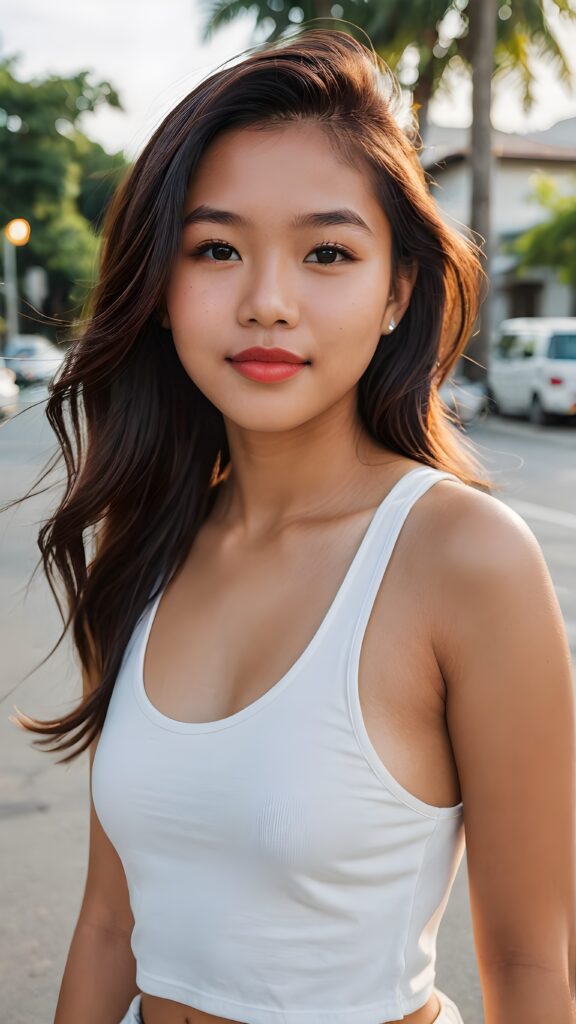 a beautiful (((filipino teen girl, 15 years old))), with long, flowing (((hair))), styled in a sleek, shiny, straight haircut with sharp, defined (((full lips))), emitting an ethereal glow that complements her otherwise natural features, dressed in a (((white cropped tank top))), poised confidently in a classic, casual setting, with her loosely curled red lips and a warm smile that exude cuteness