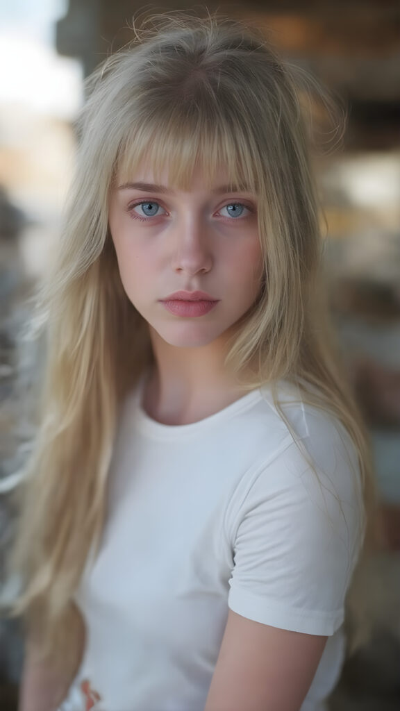 a (((beautiful girl), with pale skin and (((long, straight high volume open blond hair))), long eyelashes , purple eyes (dressed in a (((white cropped t-shirt))), (((brown eyes))), evoking a whimsically elegant atmosphere. full body view