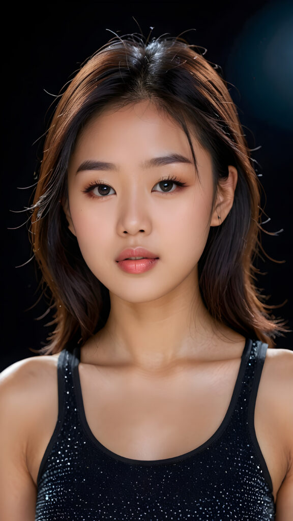 a (((beautiful young Asian teen girl))), clad in a (((tank top))), with delicate features and (full, kissable lips), she closed her eyes and opened her mouth, ((upper body)) (perfect curved body) ((black background)) 4k