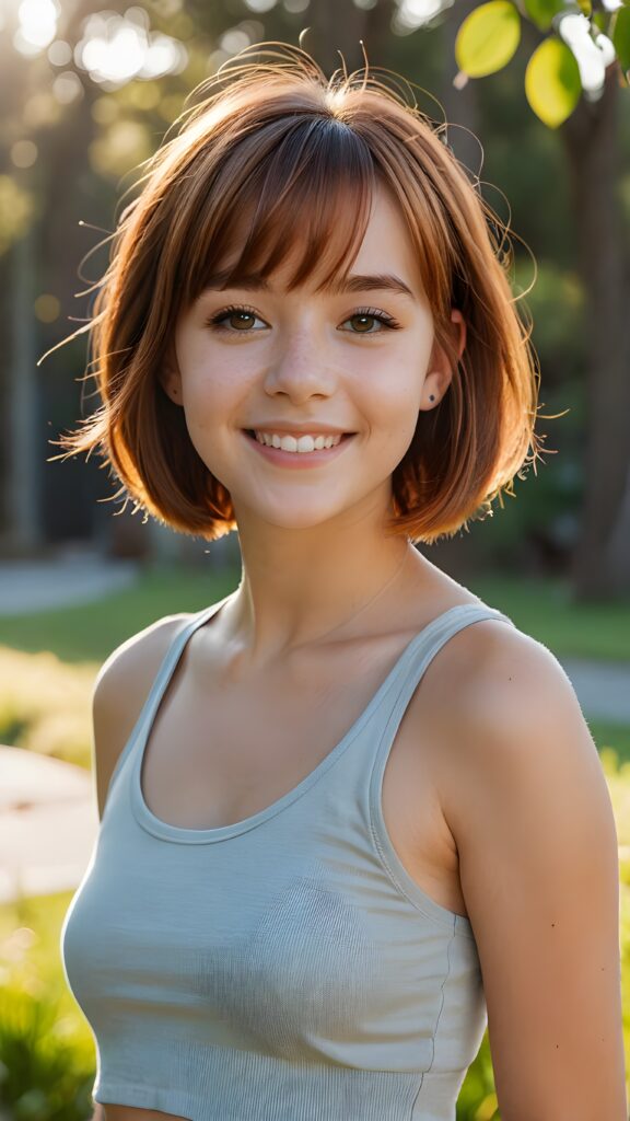 a beautiful (((teen girl))) with auburn hair in bob bangs cut, styled in a sleek, short-cropped tank top, (((vividly realistic photo))), ((natural background)), very happy, dimmed light