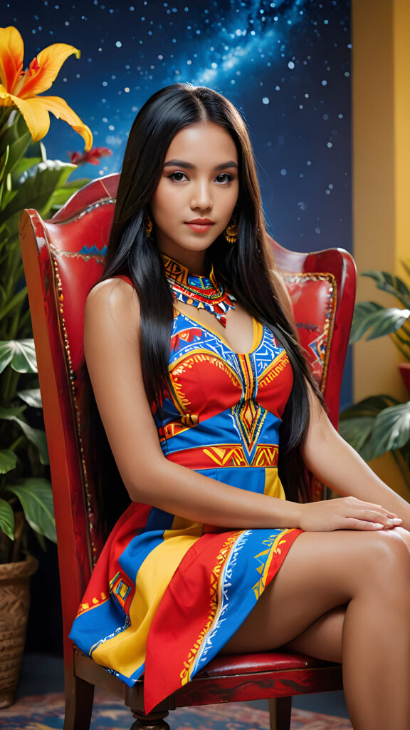 a (((beautiful Latino girl))) with (((extremely long, straight black hair))), dressed in a (((vivid red, yellow, and blue tribal print dress))), poised confidently in a classic (((chair painted in a dynamic red, yellow, and blue color scheme))), her head turned sideways, as if gazing at a (fantastical flower) blooming in the (upper right corner of the image), against a (muted, starry night sky) backdrop