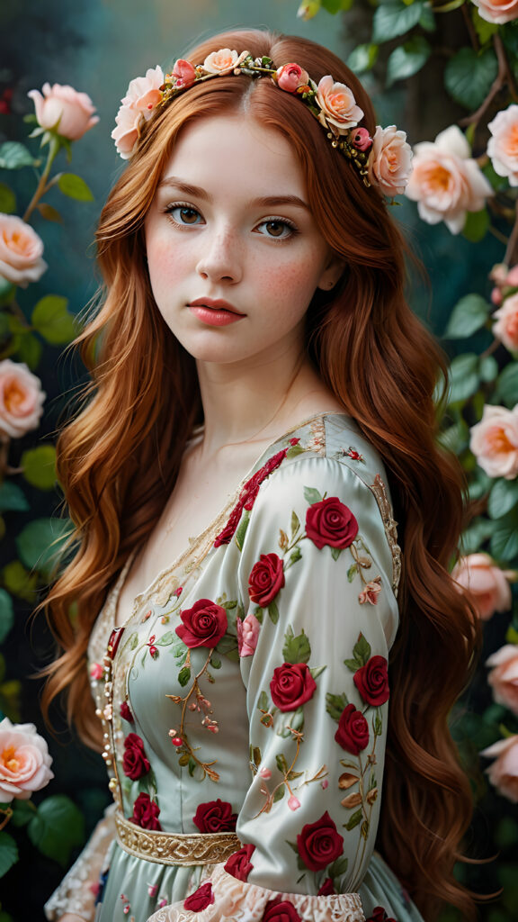 a (((beautiful oil portrait))), featuring a young girl with flowing (((long auburn hair))), intricate details drawn using shades of red wine grapes and vines interwoven with delicate ((roses)), her face captured in a serene expression, dressed in a luxurious ((long dress)) adorned with ornate patterns of roses