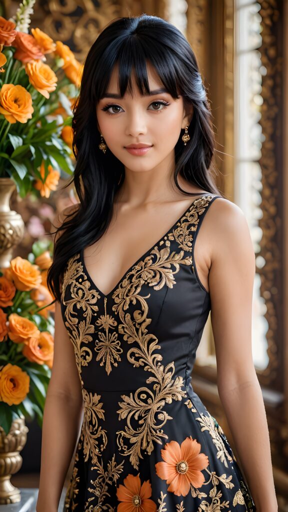 a (((beautiful young girl with jet-black hair and side bangs))), her facial features highlighted by (((shades of brown))), softly contrasting against her delicate complexion, her eyes framed by long, defined lashes and a playful smile, dressed in a (((dress with intricate, ornate patterns))), its hue a rich and vivid shade that complements her skin tone, with a girl’s face popping up behind her, its features drawn in (((realistic beauty))), and around them, (((lush, vibrant flowers))) have bloomed, their petals shining like jewels amidst a backdrop of (deep, luxurious tones)