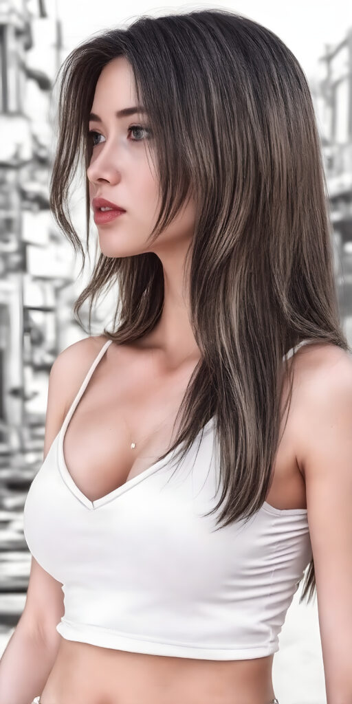 a (((beautiful young well busty girl, perfect curved body))), with flowing, (((soft long straight brown hair))). She is dressed in a sleek, (white cropped short tank top, deep v-neck), photograph, stands in the street, side view