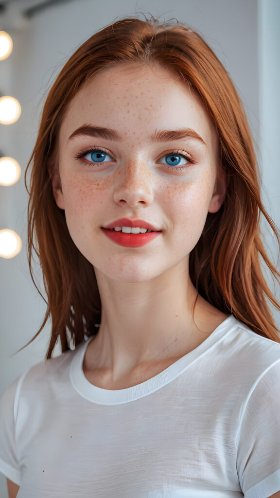 a beautiful (((teen girl))) ((fifteen years old)) ((realistic detailed round face)) ((beautiful eyes)) ((slender cheeks)) ((perfect teeth)) ((wears a super short tight (white t-shirt) made on thin silk)) ((perfect anatomy)) ((white background, side perspective)) ((cinematic lights)) ((long, soft copper-red hair)) ((red lips)) ((red nails)) ((bright blue eyes)) ((realistic detailed eyes)) ((slight smile)) ((freckles)) ((beautiful)) ((attractive)) ((stunning))