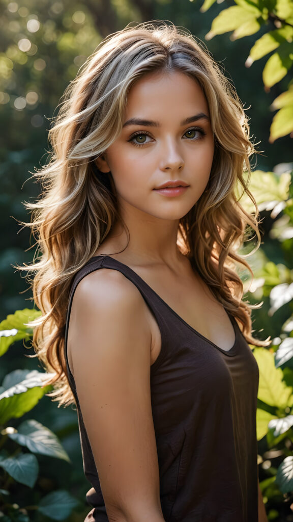 a beautiful (((girl))), with thin but defined figures, dressed in a short, sleeveless, ((dark brown t-shirt)), luxurious, flowing, long, dark blonde waves framing her gently angled face with soft, naturally wavy blonde hair and piercing, brown eyes, set against a backdrop of a (nature-filled) (HD photography) scene, with intricate details and vivid colors that capture the essence of a realistic and natural environment