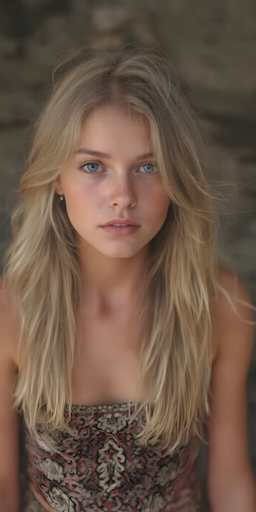 a (((beautiful girl, cute, with a sleek, yet delicate and petite physique, a youthful face with (sun-kissed) skin, and flowing, straight blonde hair, clad in (((hippie, retro 70s clothing))), exuding a sense of (hippieness) and (magnificence). Full body view, capturing a ((vintage, retro 70s vibe))