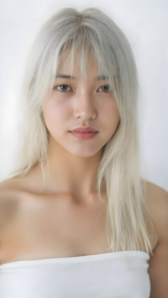 a (((beautiful Asian teen girl))), age 15, with (((straight, long, white hair))), (((lightly tanned skin))), and (((perfectly proportioned, athletic body))) that exudes (((realism at its finest))). Her (((perfect anatomy))) is highlighted by (((white teeth, flawlessly straight and smooth as glass, sparkling eyes that reflect her youthful innocence and vitality. She's captured in a (((side perspective))), looking straight into the camera for a full-body shot, with (((perfectly proportioned limbs and fingers))), which exude (((realism at its finest))) in a (((natural, white light setting))) where her (((curved, toned thighs))) and (((full, defined lips))) are perfectly visible. Her (((skin is slightly damp))), clad in a (((very short, tight (white crop tank top)), which emphasizes her (((perfectly proportioned, athletic physique))) and (((perfectly straight, white teeth))) and (natural, slightly damp skin) against a (((white background).