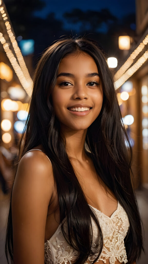 a (((beautiful young brown-skinned exotic teen girl))), with long, soft, luxurious (((black straight hair))), caught in a moment of (ecstatic) delight