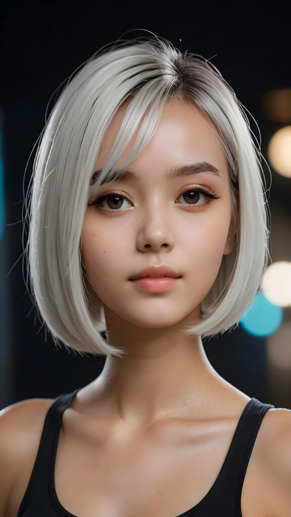 a (((beautiful girl))) with a (((bob cut hair style, soft straight white hair))), accompanied by (((volumetric lighting))) that bring out the (masterpiece) details, all against a (plain, dark backdrop) that focuses on the (face) and its intricate, (hyper-realistic) features, captures the essence of (digital art), ((black dressed in an short tank top))