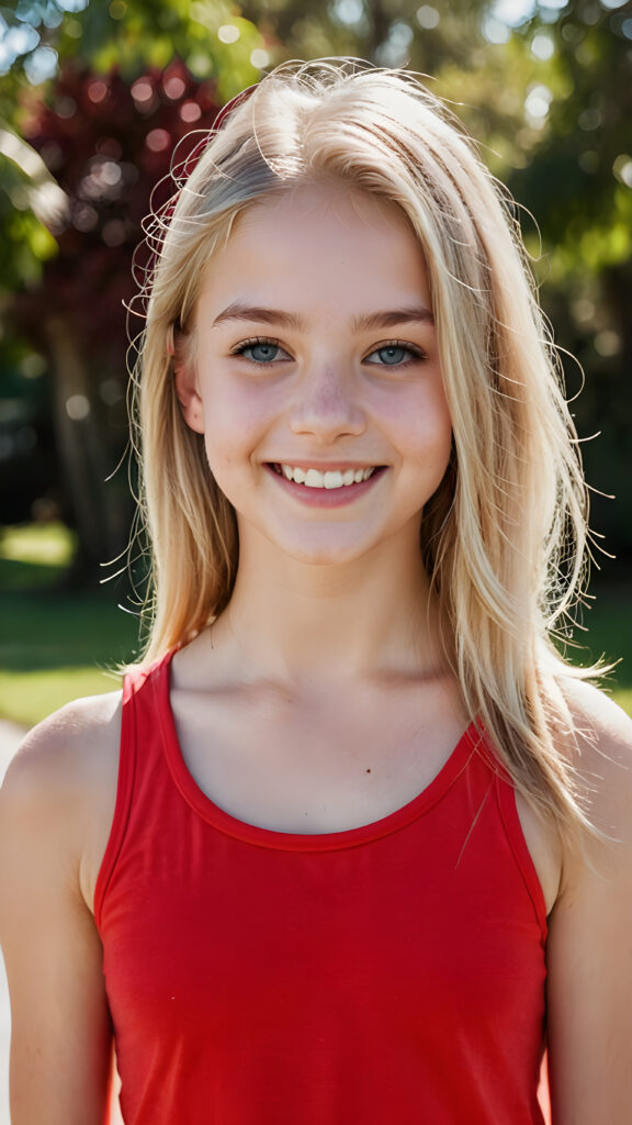 a (((beautiful teenage girl))), 13 years old, long, straight, soft, platinum blond hair, almond-shaped face, big blue eyes, ((delicate)) ((elegant)) ((well-defined)) nose, ((pale)) skin, (((smiling))) with ((perfect teeth)), wearing a ((solid red plain fitness tank top))