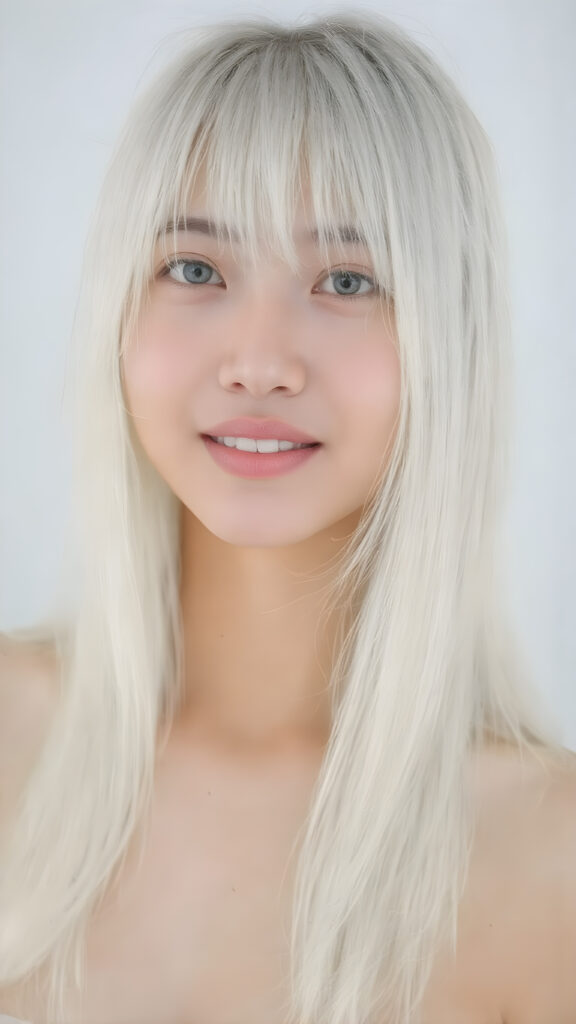 a (((beautiful Asian teen girl))), age 15, with (((straight, long, white hair))), (((lightly tanned skin))), and (((perfectly proportioned, athletic body))) that exudes (((realism at its finest))). Her (((perfect anatomy))) is highlighted by (((white teeth, flawlessly straight and smooth as glass, sparkling eyes that reflect her youthful innocence and vitality. She's captured in a (((side perspective))), looking straight into the camera for a full-body shot, with (((perfectly proportioned limbs and fingers))), which exude (((realism at its finest))) in a (((natural, white light setting))) where her (((curved, toned thighs))) and (((full, defined lips))) are perfectly visible. Her (((skin is slightly damp))), clad in a (((very short, tight (white crop tank top)), which emphasizes her (((perfectly proportioned, athletic physique))) and (((perfectly straight, white teeth))) and (natural, slightly damp skin) against a (((white background).