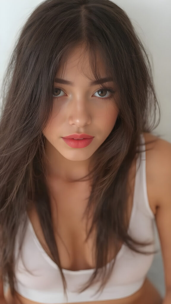 a (((beautiful exotic teen girl))), with long, straight, soft black hair framing her face, which is round and features (full, defined lips) that are painted in (deep red lipstick). She's dressed in a (very thin, short white crop tank top) that looks (perfectly fitted) against her body. The tank top shows off her ((perfect legs)), which are slender and sculpted like a model, paired with (seductively posed feet). She exudes an air of confidence and expertise