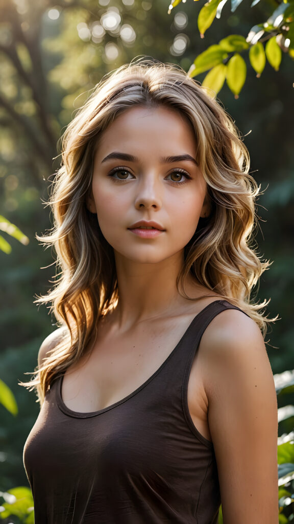 a beautiful (((girl))), with thin but defined figures, dressed in a short, sleeveless, ((dark brown t-shirt)), luxurious, flowing, long, dark blonde waves framing her gently angled face with soft, naturally wavy blonde hair and piercing, brown eyes, set against a backdrop of a (nature-filled) (HD photography) scene, with intricate details and vivid colors that capture the essence of a realistic and natural environment