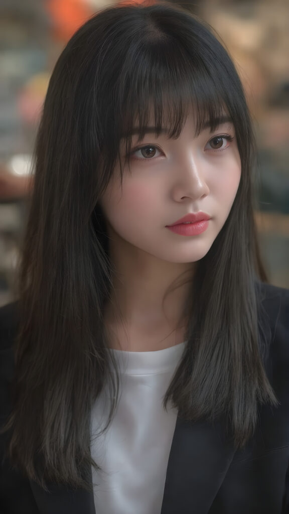 a beautiful Korean girl with long, straight black hair and a perfect bangs cut. She has full, plump red lips, a flawless face and wears a black business suit. A white T-shirt underneath. She is, however, a very bad girl.