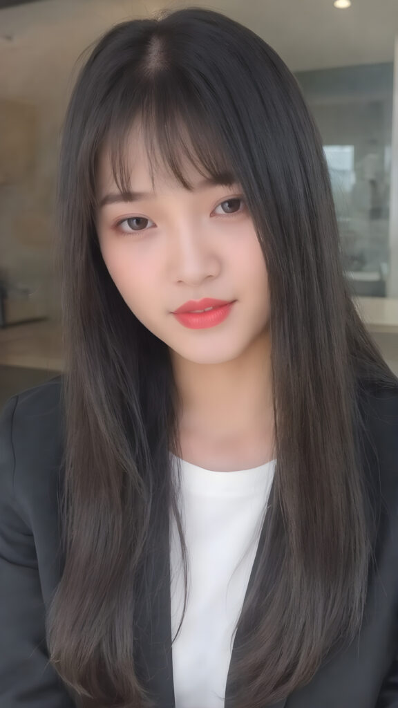 a beautiful Korean girl with long, straight black hair and a perfect bangs cut. She has full, plump red lips, a flawless face and wears a black business suit. A white T-shirt underneath. She is, however, a very bad girl.