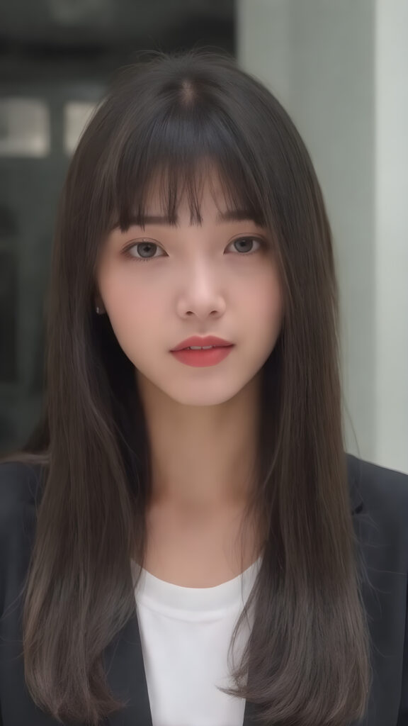 a beautiful Korean girl with long, straight black hair and a perfect bangs cut. She has full, plump red lips, a flawless face and wears a black business suit. A white T-shirt underneath. She is, however, a very bad girl.