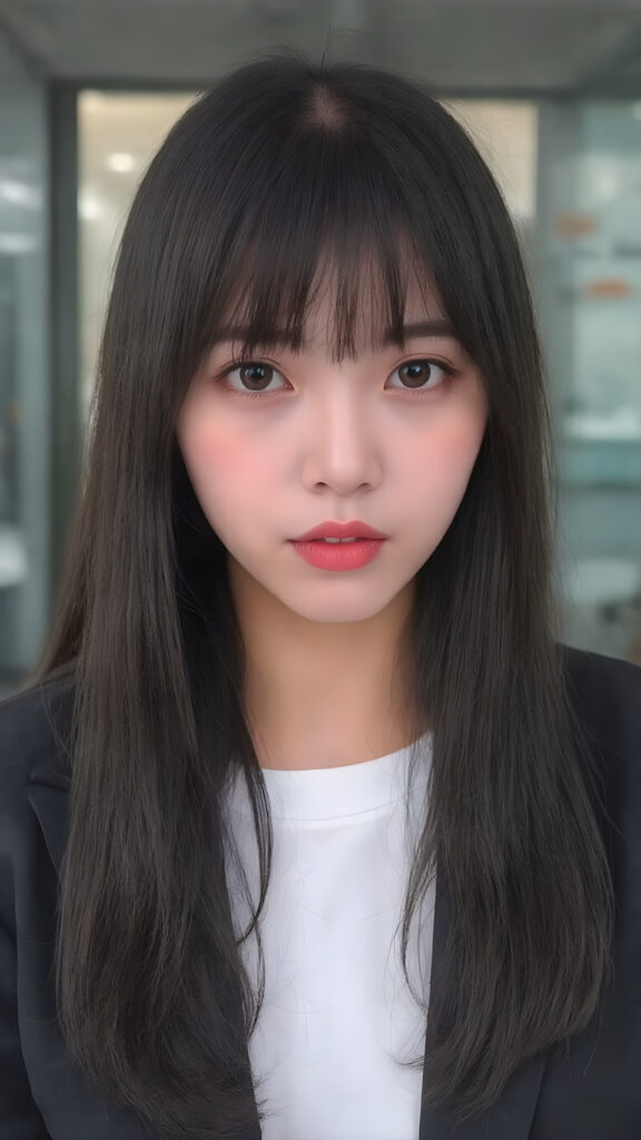 a beautiful Korean girl with long, straight black hair and a perfect bangs cut. She has full, plump red lips, a flawless face and wears a black business suit. A white T-shirt underneath. She is, however, a very bad girl.