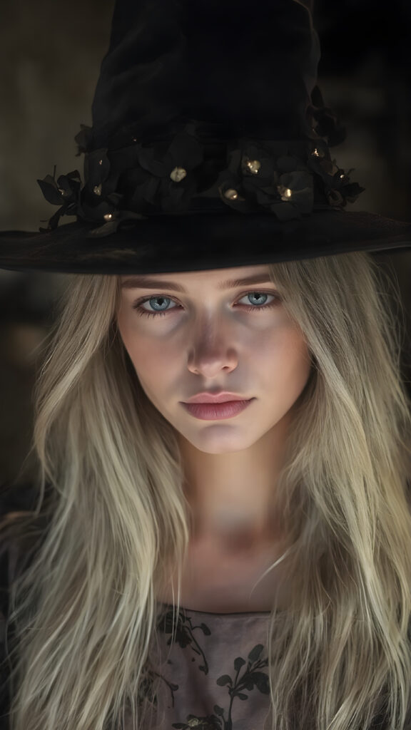 a (((beautiful witch girl))) with luxurious, (((shiny very long blond soft hair))), flawless skin, and a serene expression, her face and form are intricately detailed, adorned with (((small black glass glowing flowers in her hat))), giving off a soft glow that adds a touch of magic, she's dressed in a ((silk dress with designs of small flowers)), which accentuates her elegant figure, blending seamlessly with the intricate patterns and colors of the setting