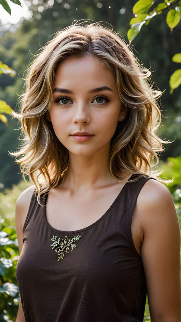 a beautiful (((girl))), with thin but defined figures, dressed in a short, sleeveless, ((dark brown t-shirt)), luxurious, flowing, long, dark blonde waves framing her gently angled face with soft, naturally wavy blonde hair and piercing, brown eyes, set against a backdrop of a (nature-filled) (HD photography) scene, with intricate details and vivid colors that capture the essence of a realistic and natural environment