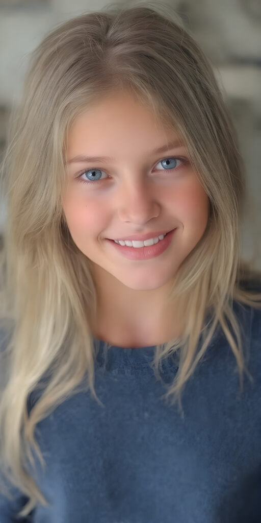 a (((beautiful young girl, radiates a happiness, warm smile with white teeth))), age 15, with flowing, (((soft long blonde hair))), gentle and inviting (((dark blue eyes))), that convey a sense of innocence and wonder, paired with delicate, ((almond skin)), which gives off a faintly pink glow, accompanied by full, softly rosy lips, that emit a warm, friendly smile. She is dressed in a sleek, ((blue sweater made of fine wool)), along with a matching set of (((blue and white shorts)), and looks directly at the viewer in a (full body shot), exuding just the right amount of youthful charm