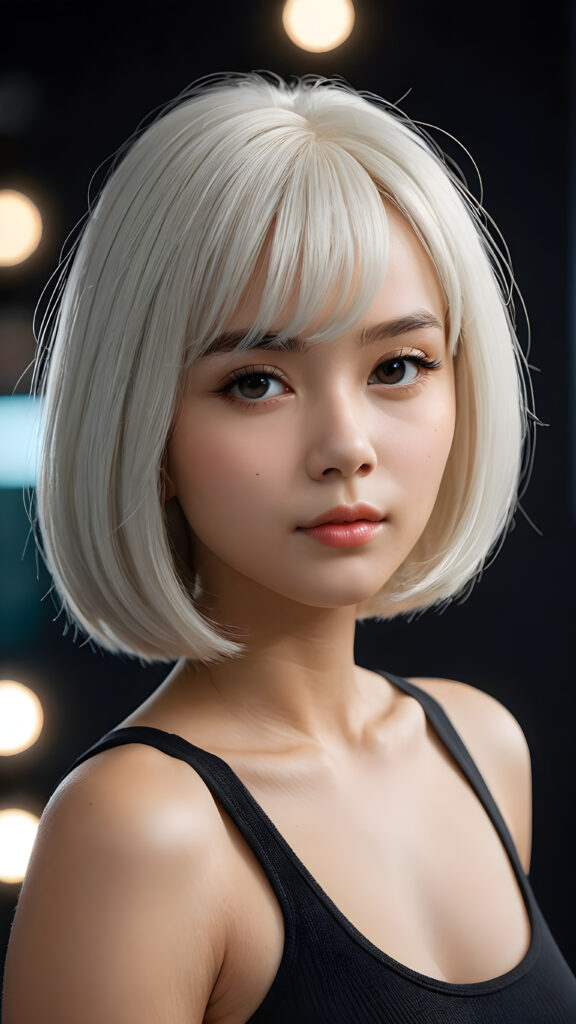 a (((beautiful girl))) with a (((bob cut hair style, soft straight white hair))), accompanied by (((volumetric lighting))) that bring out the (masterpiece) details, all against a (plain, dark backdrop) that focuses on the (face) and its intricate, (hyper-realistic) features, captures the essence of (digital art), ((black dressed in an short tank top))