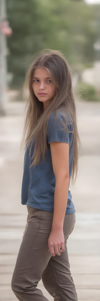 a (((beautiful young girl, perfect body, 15 years old))), with flowing, (((soft long straight brown hair))). (She is dressed in a sleek, ((blue short t-shirt)), long cargo pants), exuding just the right amount of youthful charm, photograph, full body side view, stands in the street