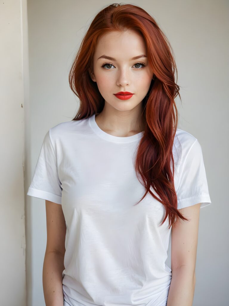 a beautiful (((young girl))), with long, flowing (((red hair))), styled in a sleek, shiny, straight haircut with sharp, defined (((red lips))), emitting an ethereal glow that complements her otherwise natural features, dressed in a (((white t-shirt))), poised confidently in a classic, casual setting, with her loosely curled red lips and a warm smile that exude cuteness