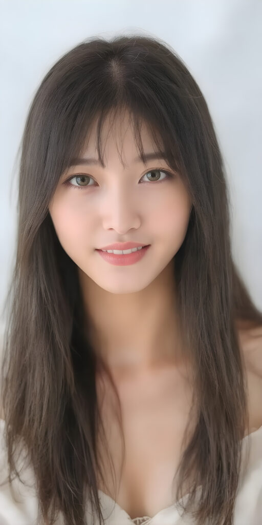 a (((beautiful, thoughtful and expressive cute adult Asian girl))), with (((softly curved long black straight hair, bangs))), natural (looking) light green eyes, and (delicate yet defined cheekbones), poised in a (seductively thoughtful pose) with a ((flawlessly matching set of pearly white teeth)) and elegantly draped ((natural looking)) light sheer draped garments, ((completely covering her front and back, and perfectly shaped to convey a sense of natural beauty)), against a (natural looking, detailed white backdrop), head is centered, her perfect hands plays with her hair