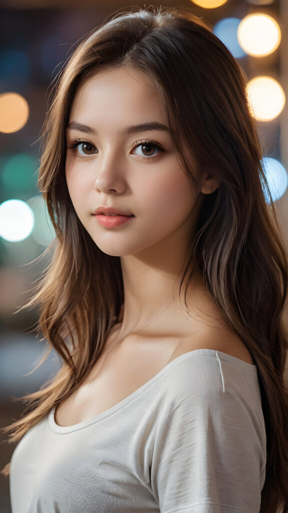 a beautiful and detailed portrait of a young girl, long, straight hair falls over her shoulders, she wears a thin t-shirt and looks seductively at the viewer with her big shining eyes, full lips and mouth slightly open, her silvery skin is flawlessly beautiful, side view, upper body