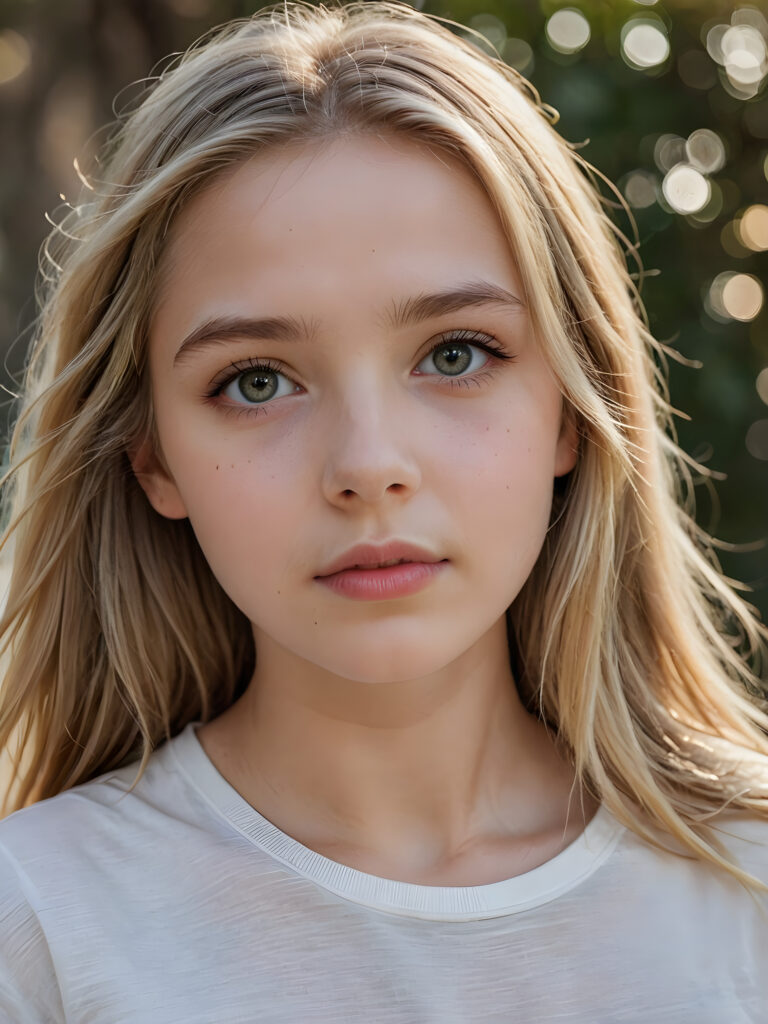 a beautiful and detailed portrait of a young and pretty white-skinned sad model girl, 14 years old, long straight soft blonde hair falls over her shoulders, she wears a thin short t-shirt and looks at the viewer with her big shining eyes, full lips, her skin is flawlessly beautiful, she has a wonderfull curved body ((side view))