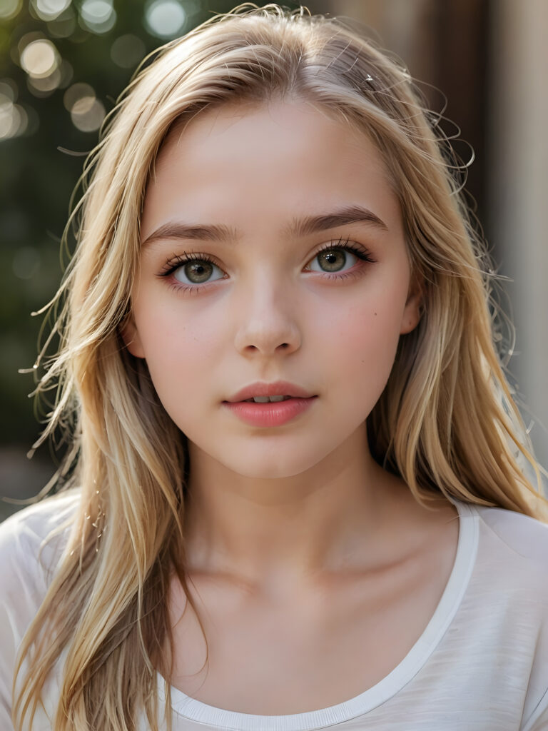 a beautiful and detailed portrait of a young and pretty white-skinned model girl, 14 years old, long straight soft blonde hair falls over her shoulders, she wears a thin short t-shirt and looks seductively at the viewer with her big shining eyes, full lips and mouth slightly open, her skin is flawlessly beautiful, she has a wonderfull curved body ((side view))