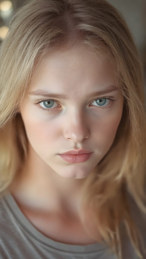 a beautiful and detailed portrait of a young white-skinned model girl, long straight soft blonde hair falls over her shoulders, she wears a thin t-shirt and looks seductively at the viewer with her big shining eyes, full lips and mouth slightly open, her skin is flawlessly beautiful, she has a wonderfull curved body