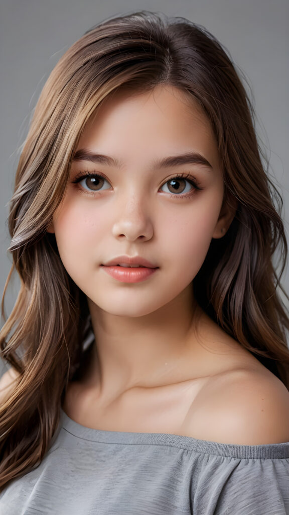 a beautiful and detailed portrait of a young girl, 13 years old, long, straight brown hair falls over her shoulders, she wears a thin t-shirt and looks seductively at the viewer with her big shining eyes, full lips and mouth slightly open, her silvery skin is flawlessly beautiful, side view, upper body, ((grey background))