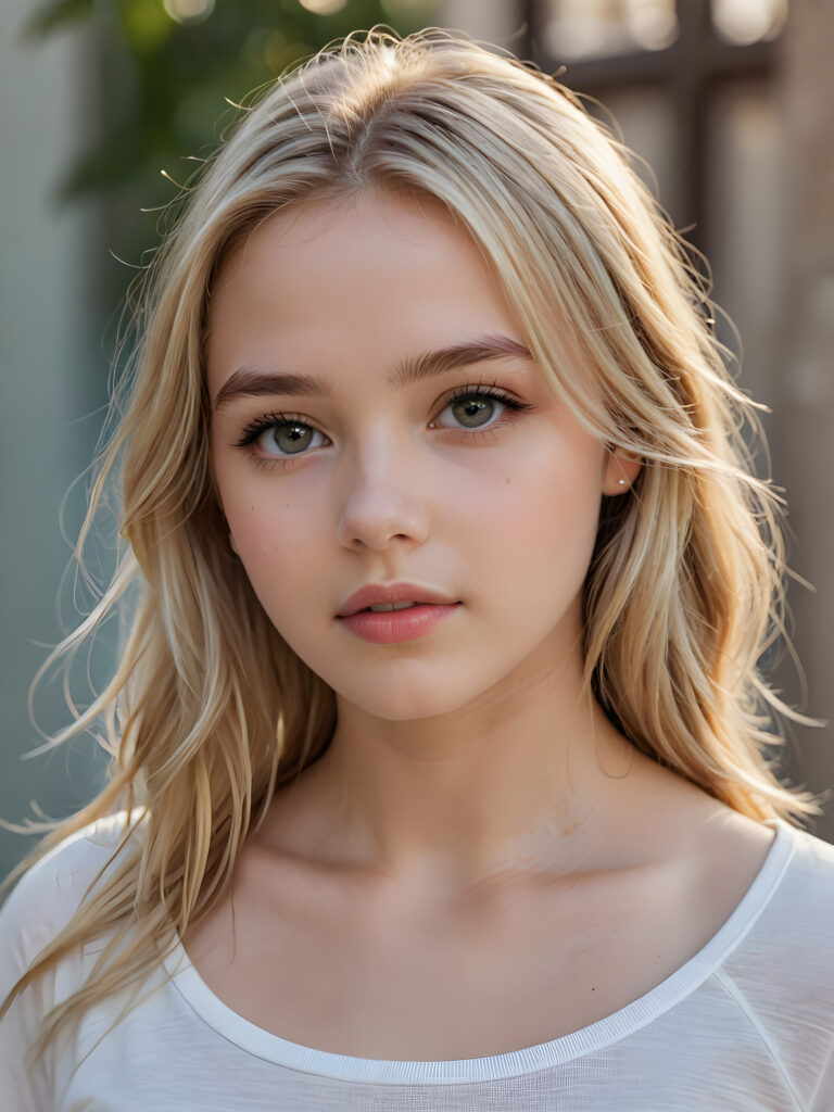 a beautiful and detailed portrait of a young and pretty white-skinned model girl, 14 years old, long straight soft blonde hair falls over her shoulders, she wears a thin short t-shirt and looks seductively at the viewer with her big shining eyes, full lips and mouth slightly open, her skin is flawlessly beautiful, she has a wonderfull curved body ((side view))