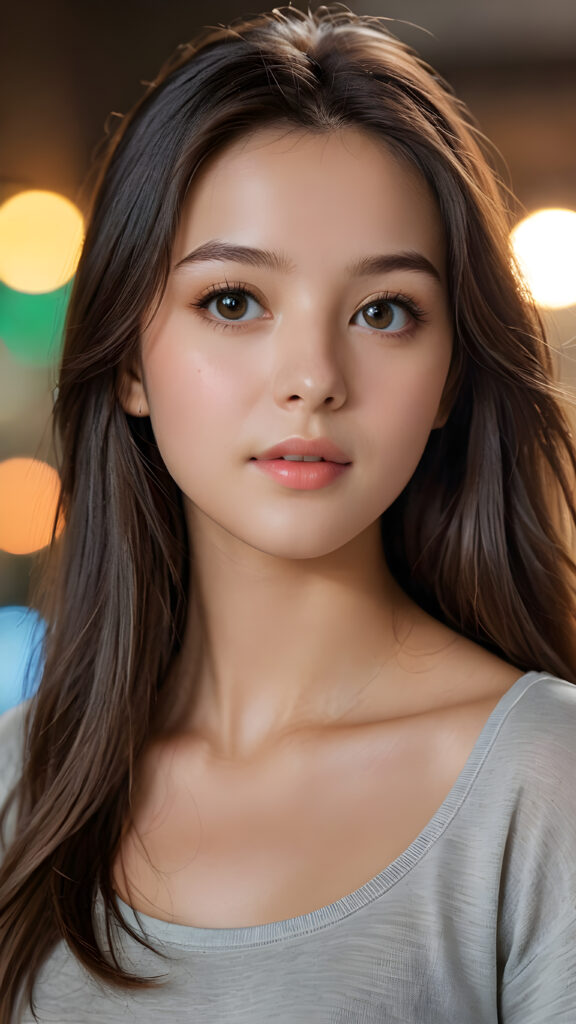 a beautiful and detailed portrait of a young girl, long, straight hair falls over her shoulders, she wears a thin t-shirt and looks seductively at the viewer with her big shining eyes, full lips and mouth slightly open, her silvery skin is flawlessly beautiful, side view, upper body