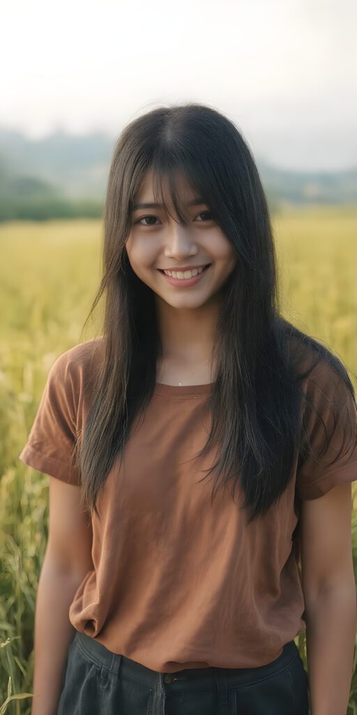 a beautiful and happy Korean young Farmer's daughter with silky, straight jet-black hair stands in the middle of a rice paddy, smiling at the camera, wearing tattered brown short t-shirt, full body, perfect body, Her long hair falls over her shoulders and covers her upper body, ((realistic)) ((cinematic lights))